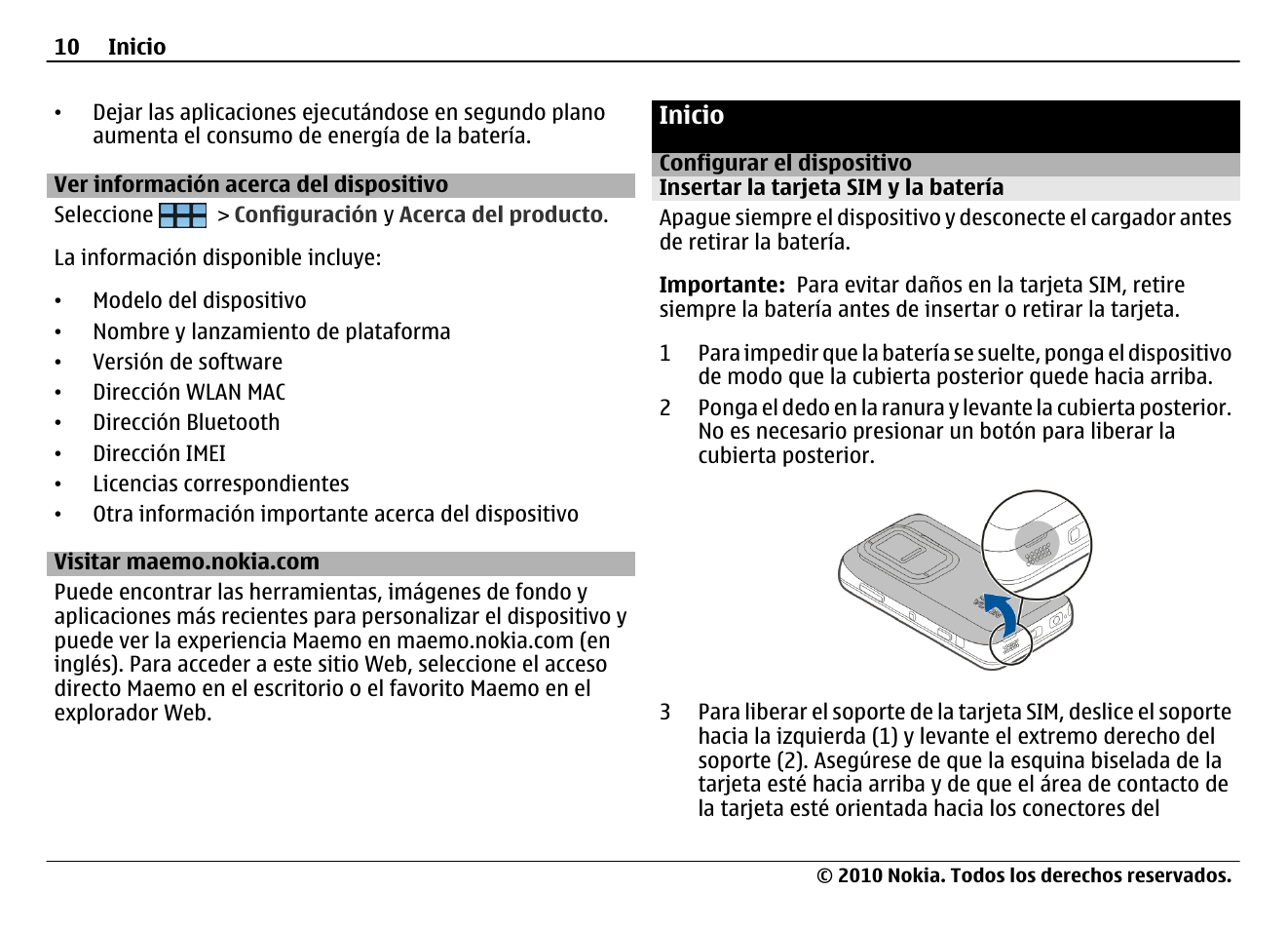 Ver información acerca del dispositivo, Visitar maemo.nokia.com, Inicio | Configurar el dispositivo, Insertar la tarjeta sim y la batería | Nokia N900 User Manual | Page 146 / 283