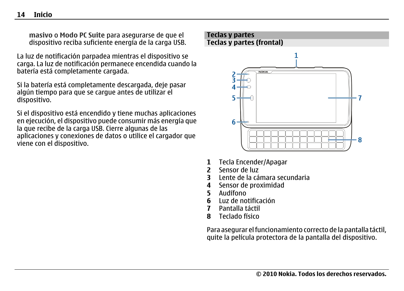Teclas y partes, Teclas y partes (frontal) | Nokia N900 User Manual | Page 150 / 283