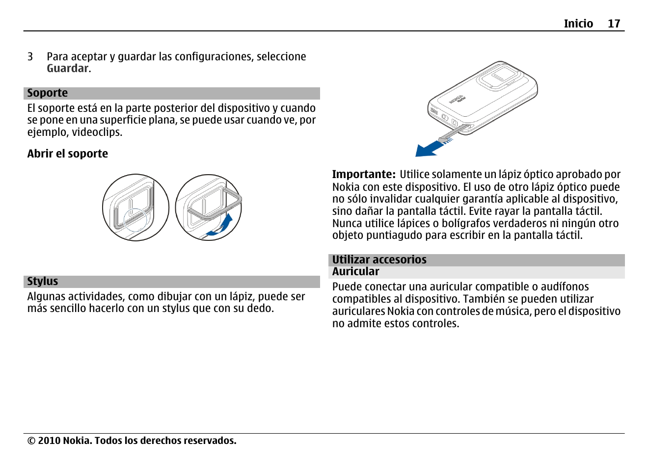 Soporte, Stylus, Utilizar accesorios | Auricular | Nokia N900 User Manual | Page 153 / 283