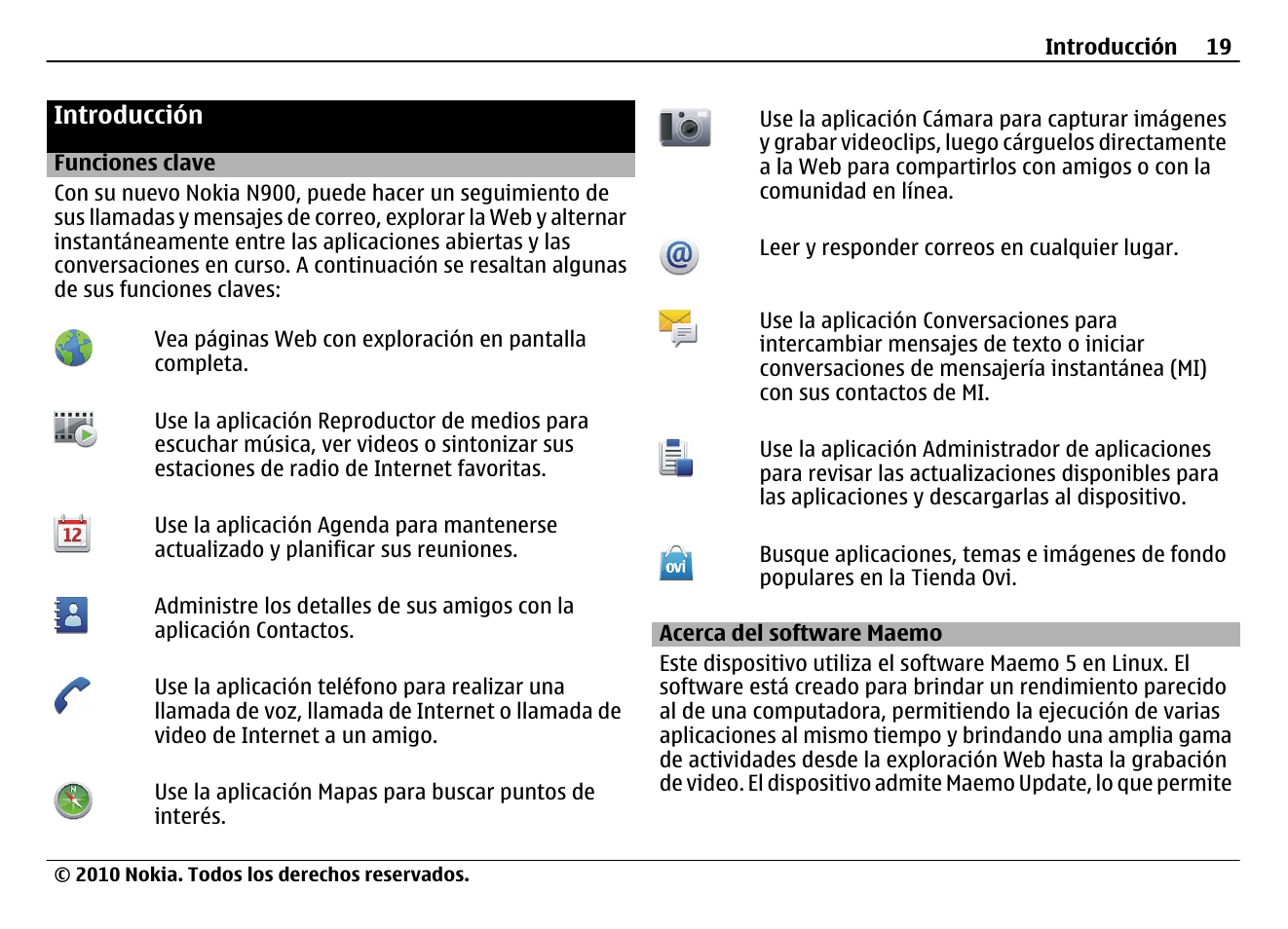 Introducción, Funciones clave, Acerca del software maemo | Nokia N900 User Manual | Page 155 / 283