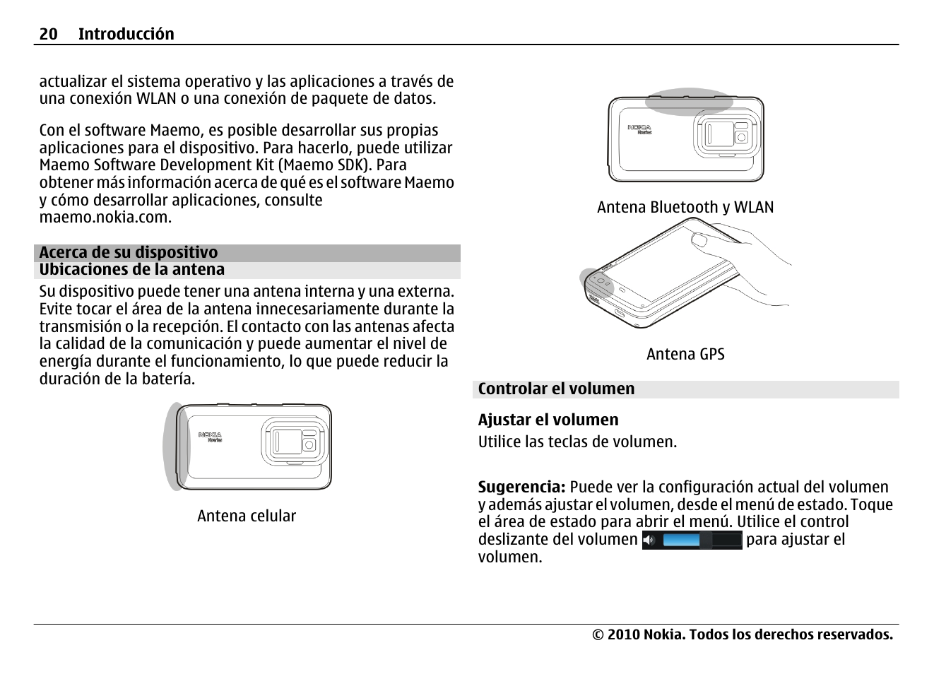 Acerca de su dispositivo, Ubicaciones de la antena, Controlar el volumen | Nokia N900 User Manual | Page 156 / 283