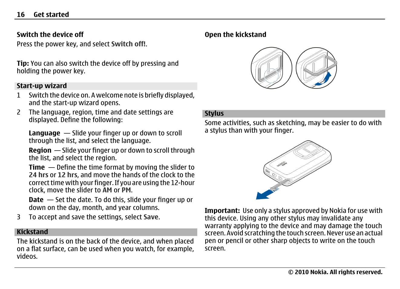 Start-up wizard, Kickstand, Stylus | Nokia N900 User Manual | Page 16 / 283