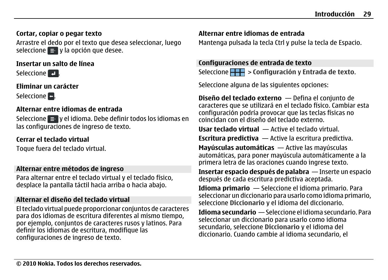 Alternar entre métodos de ingreso, Alternar el diseño del teclado virtual, Configuraciones de entrada de texto | Nokia N900 User Manual | Page 165 / 283