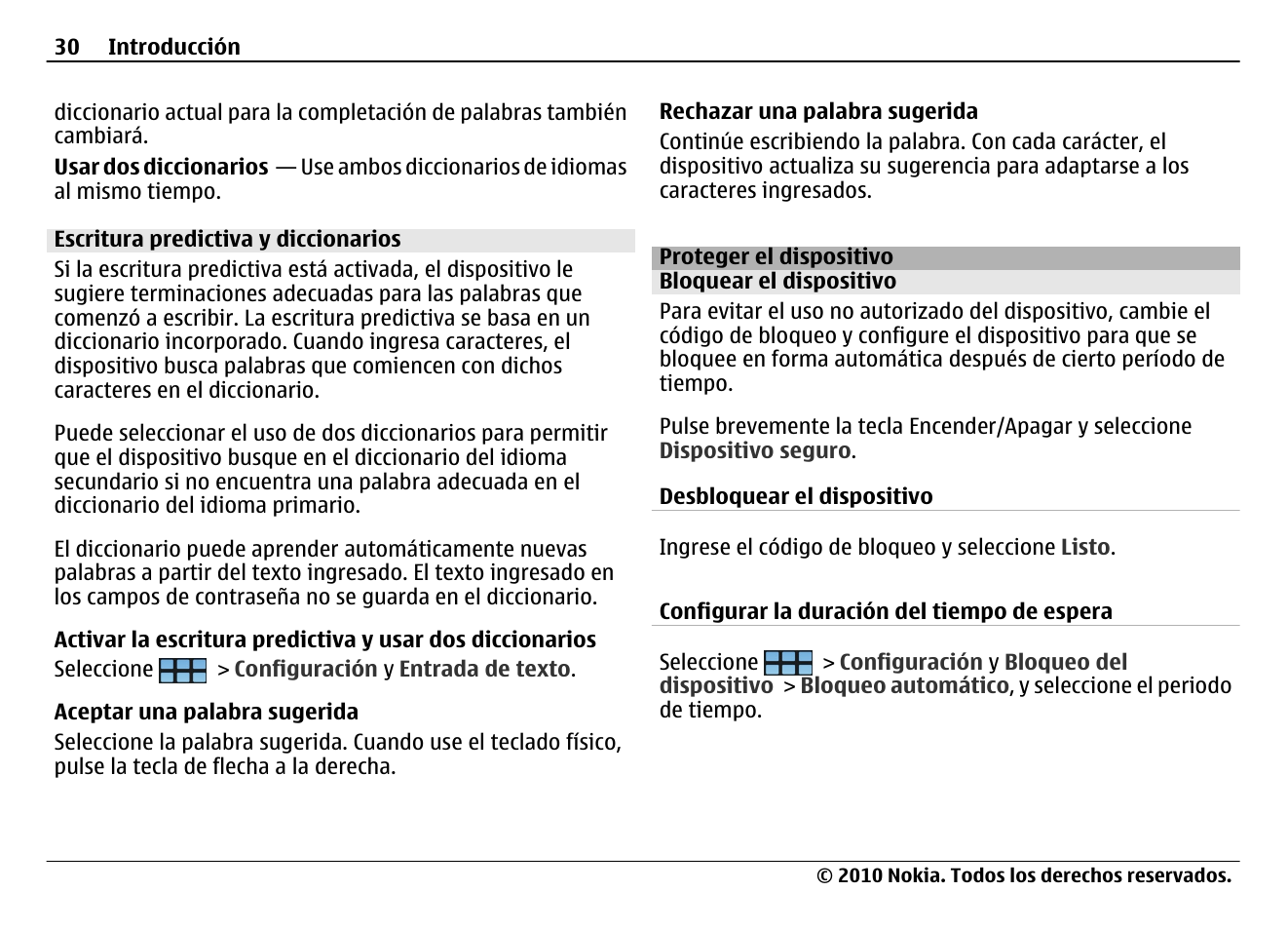 Escritura predictiva y diccionarios, Proteger el dispositivo, Bloquear el dispositivo | Nokia N900 User Manual | Page 166 / 283