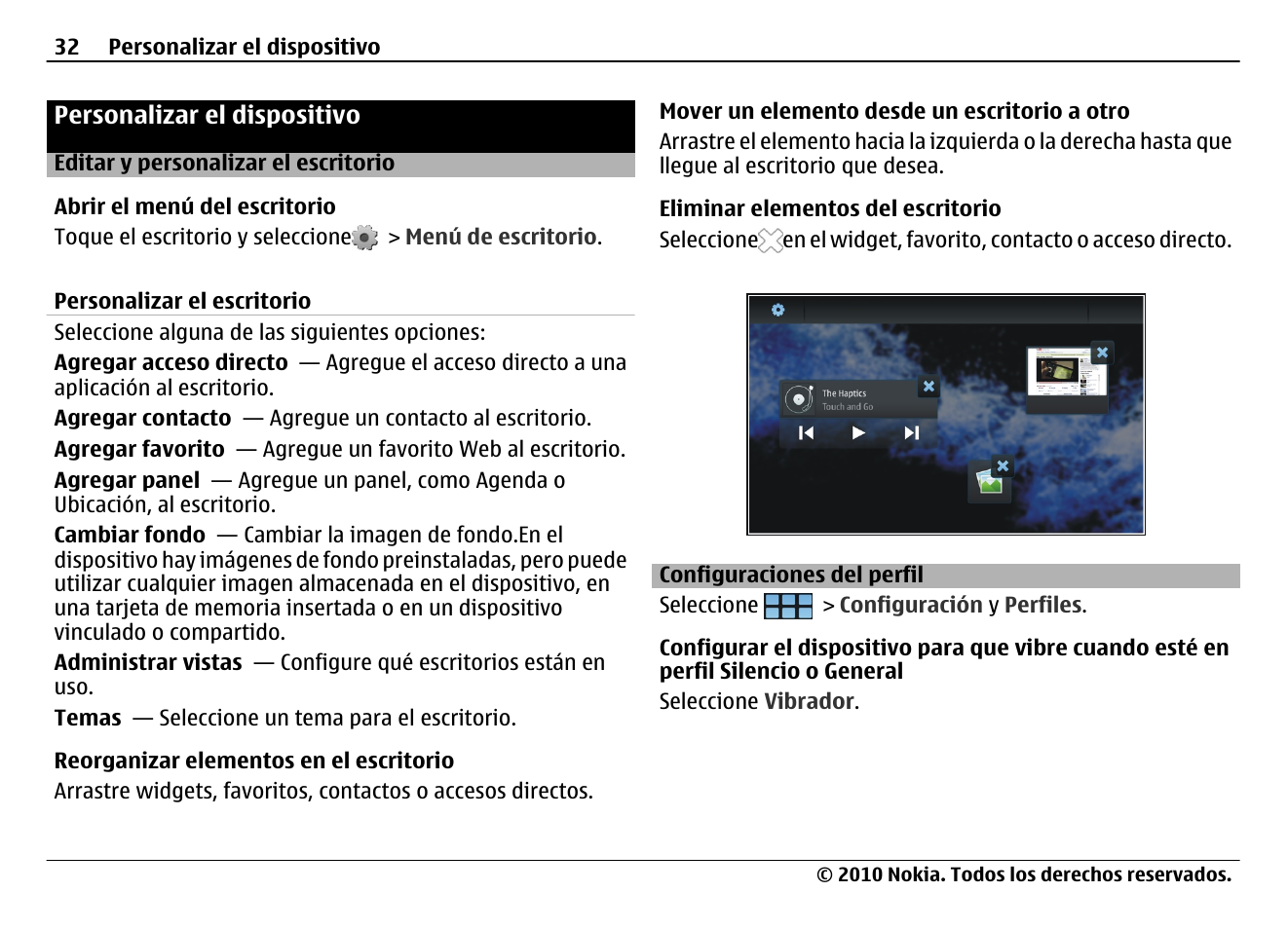 Personalizar el dispositivo, Editar y personalizar el escritorio, Configuraciones del perfil | Nokia N900 User Manual | Page 168 / 283
