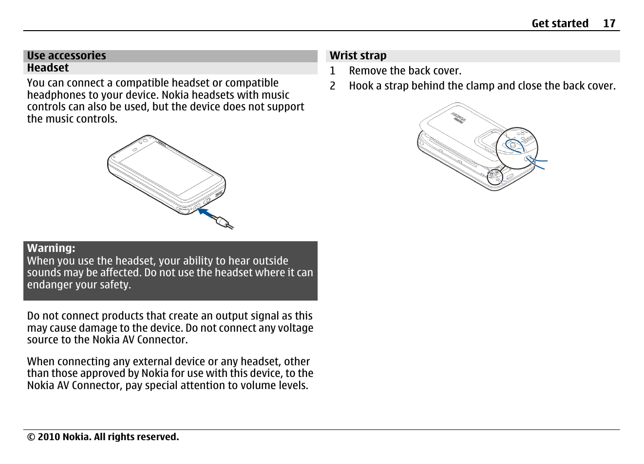 Use accessories, Headset, Wrist strap | Nokia N900 User Manual | Page 17 / 283