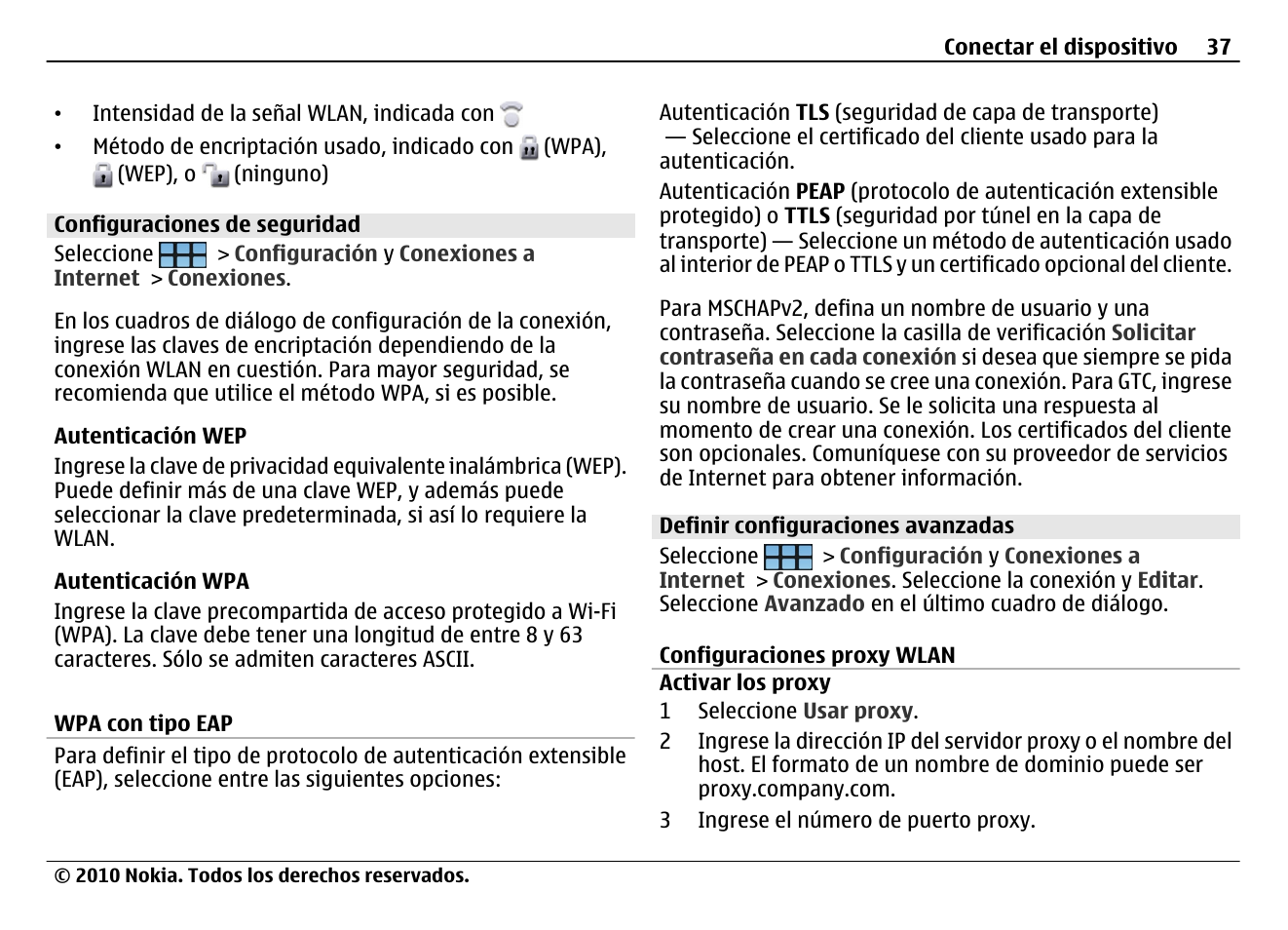 Configuraciones de seguridad, Definir configuraciones avanzadas, Configuraciones proxy wlan | Nokia N900 User Manual | Page 173 / 283