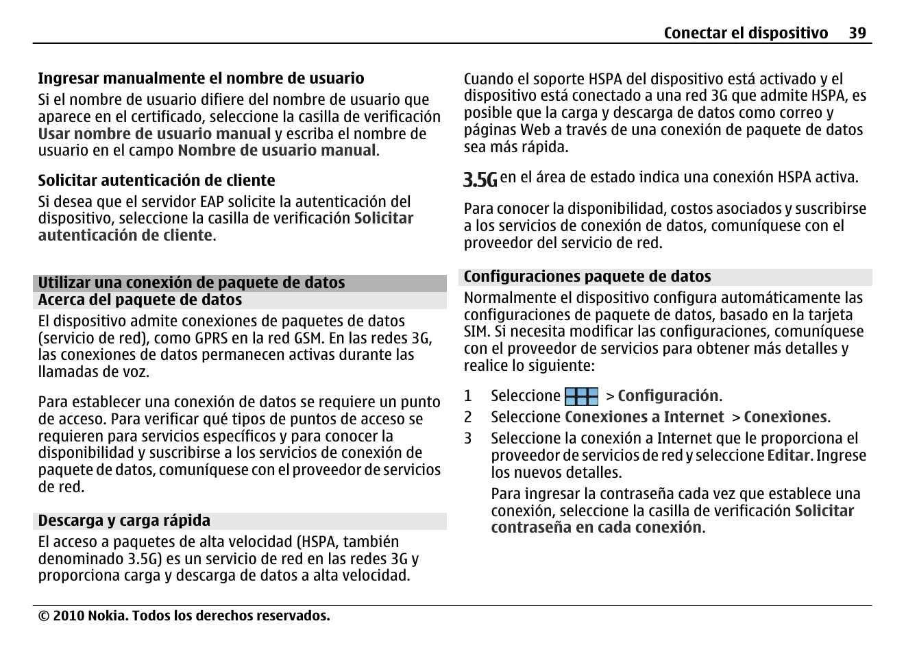 Utilizar una conexión de paquete de datos, Acerca del paquete de datos, Descarga y carga rápida | Configuraciones paquete de datos | Nokia N900 User Manual | Page 175 / 283