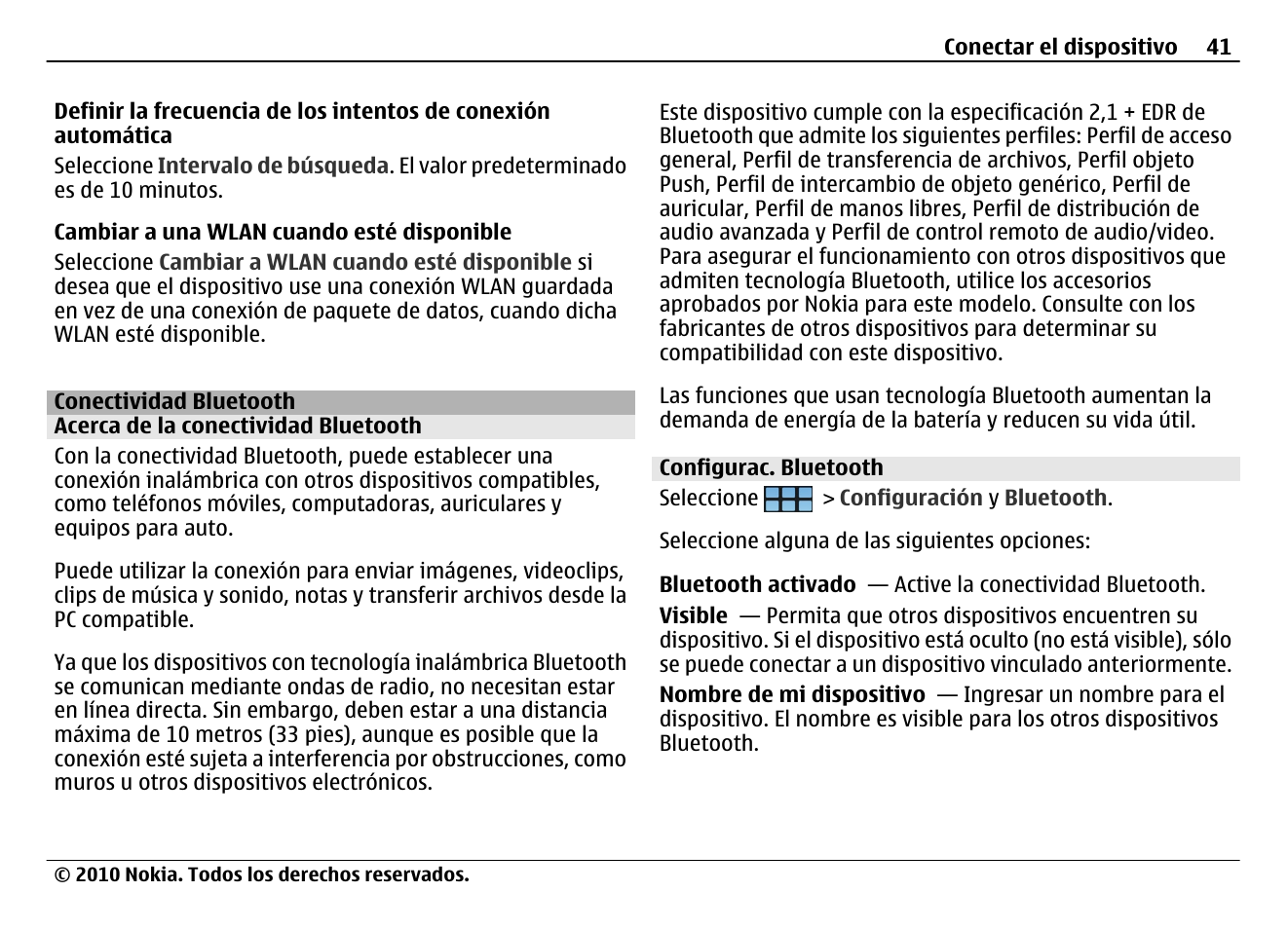 Conectividad bluetooth, Acerca de la conectividad bluetooth, Configurac. bluetooth | Nokia N900 User Manual | Page 177 / 283