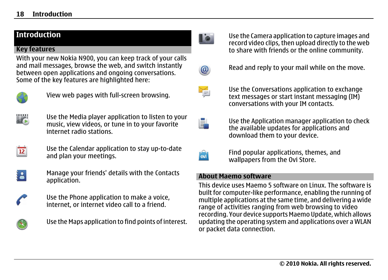 Introduction, Key features, About maemo software | Nokia N900 User Manual | Page 18 / 283