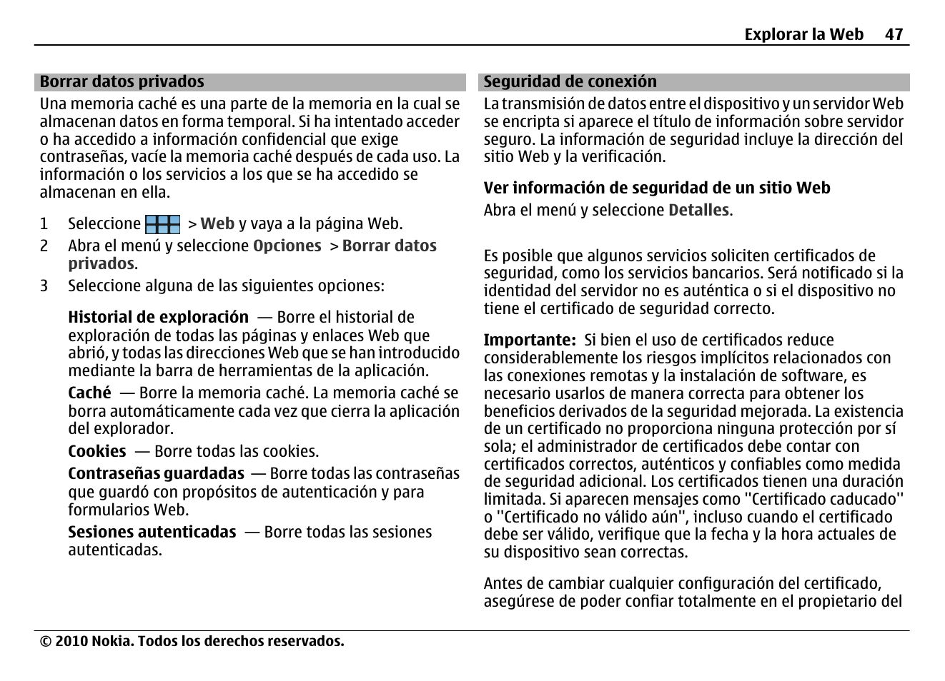 Borrar datos privados, Seguridad de conexión | Nokia N900 User Manual | Page 183 / 283