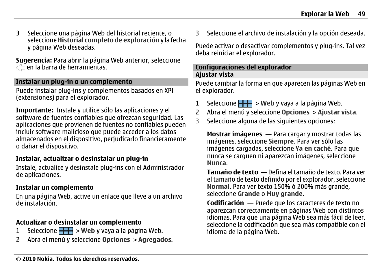 Instalar un plug-in o un complemento, Configuraciones del explorador, Ajustar vista | Nokia N900 User Manual | Page 185 / 283