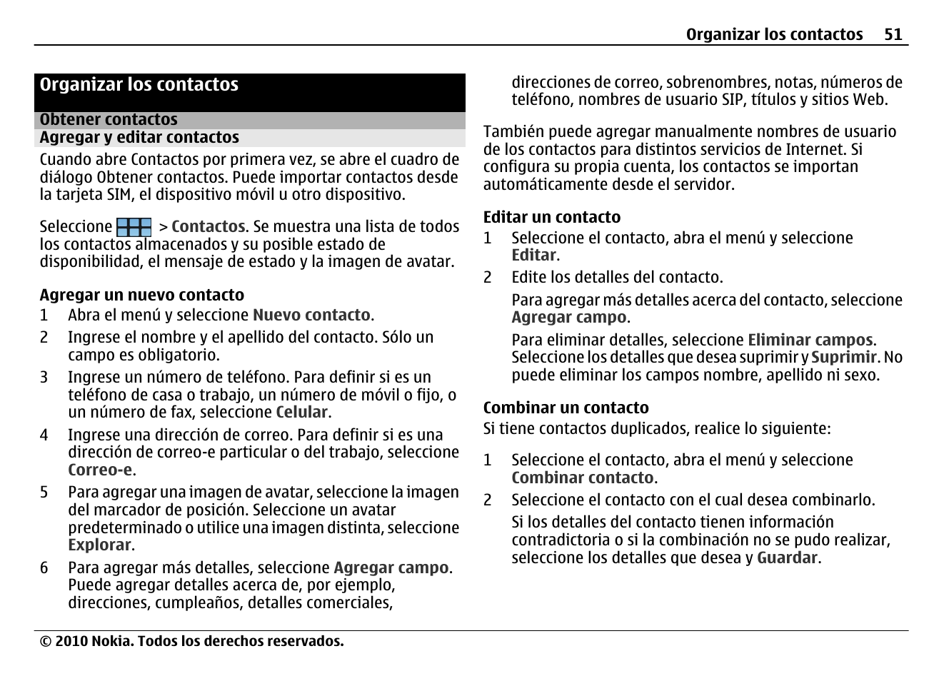 Organizar los contactos, Obtener contactos, Agregar y editar contactos | Nokia N900 User Manual | Page 187 / 283