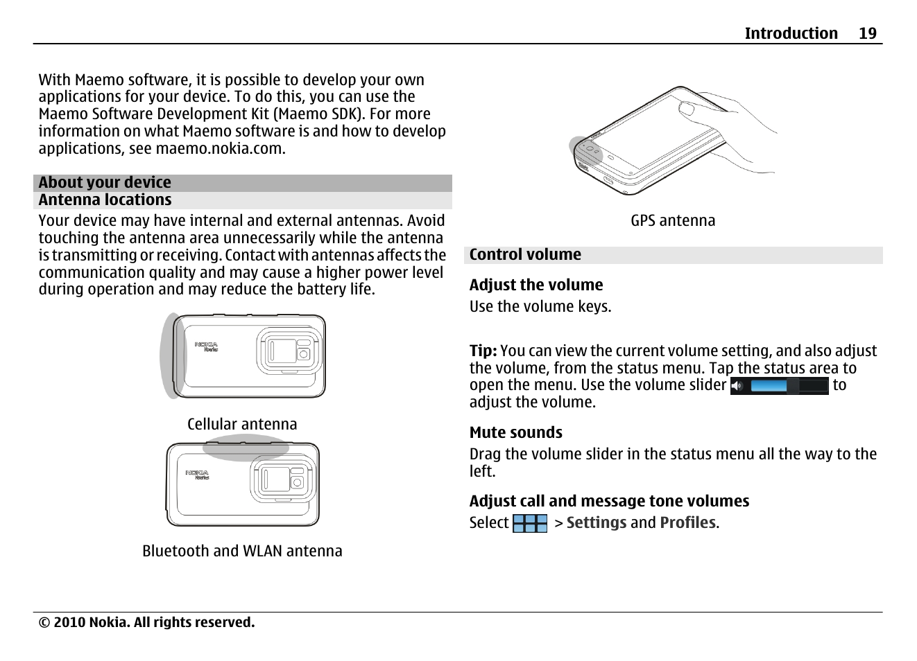 About your device, Antenna locations, Control volume | Nokia N900 User Manual | Page 19 / 283