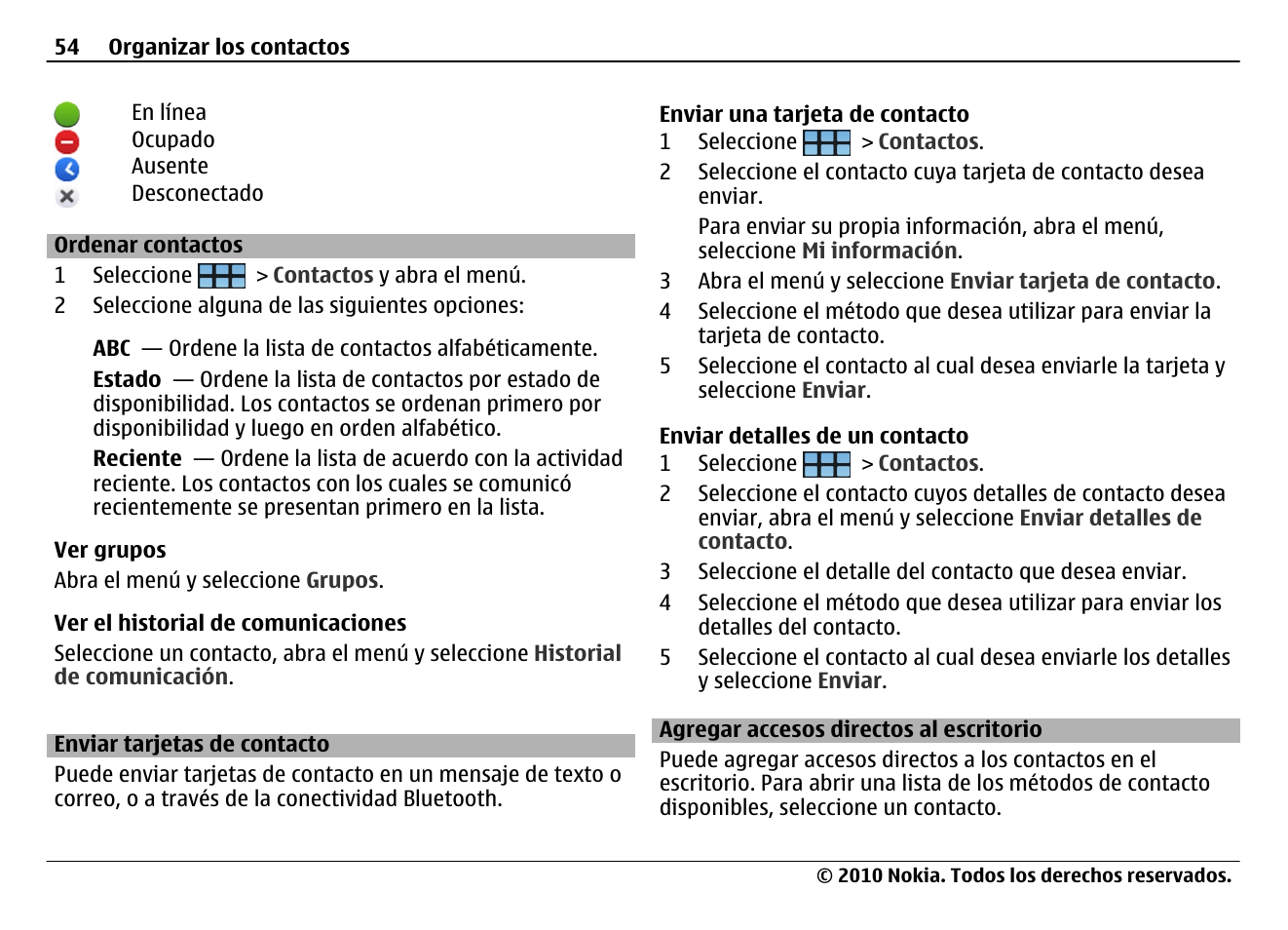 Ordenar contactos, Enviar tarjetas de contacto, Agregar accesos directos al escritorio | Nokia N900 User Manual | Page 190 / 283