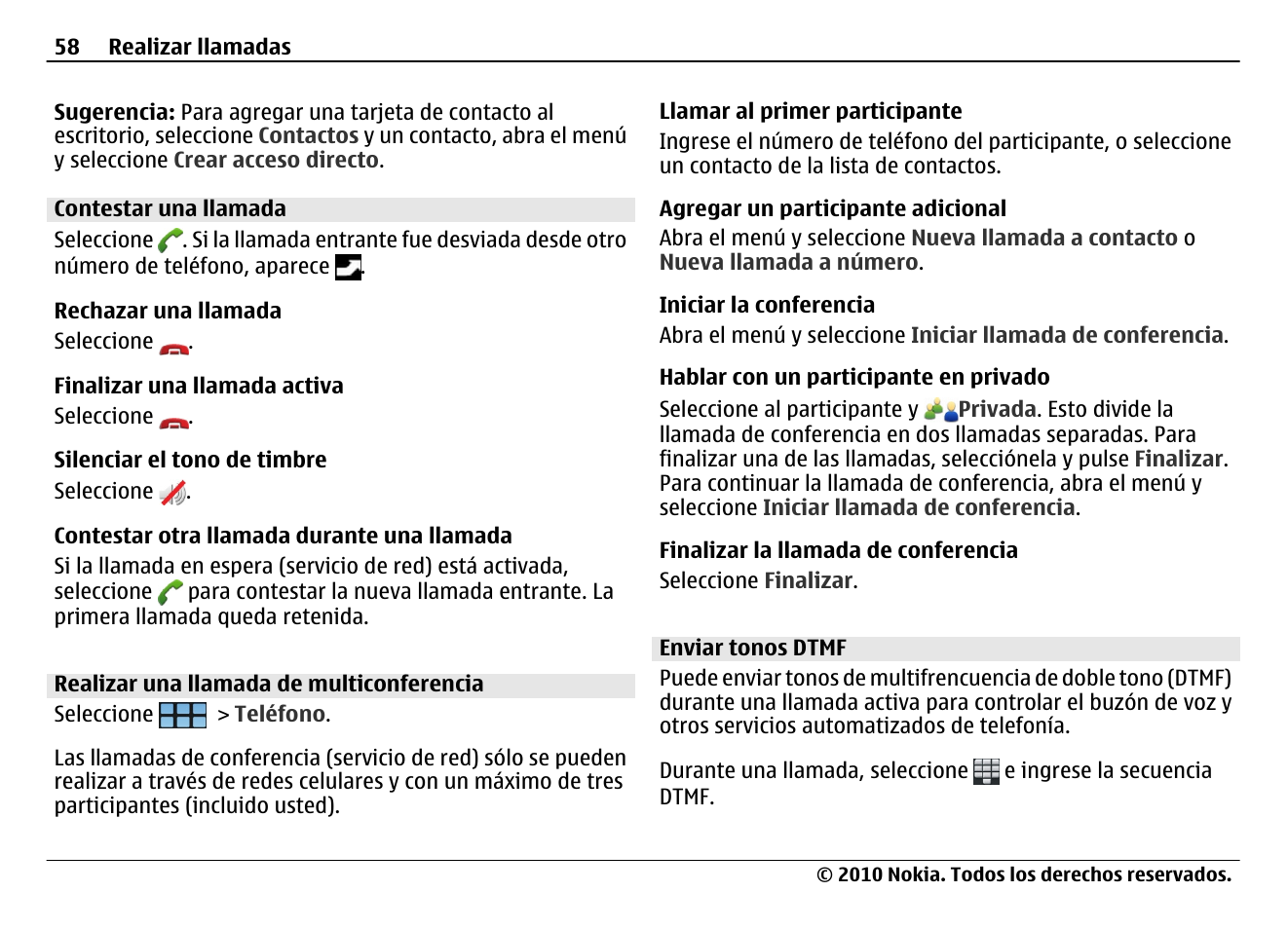 Contestar una llamada, Realizar una llamada de multiconferencia, Enviar tonos dtmf | Nokia N900 User Manual | Page 194 / 283