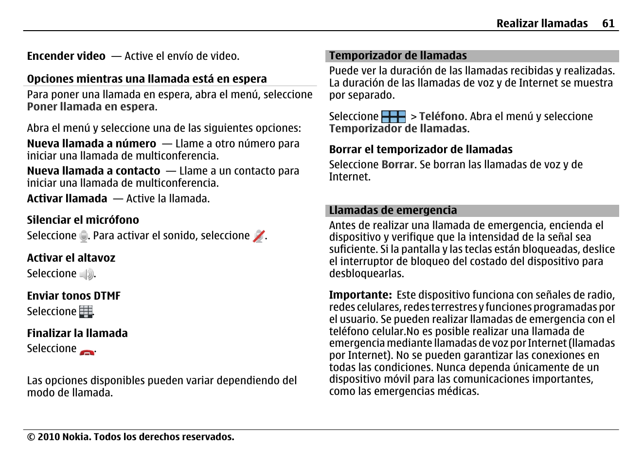 Temporizador de llamadas, Llamadas de emergencia | Nokia N900 User Manual | Page 197 / 283