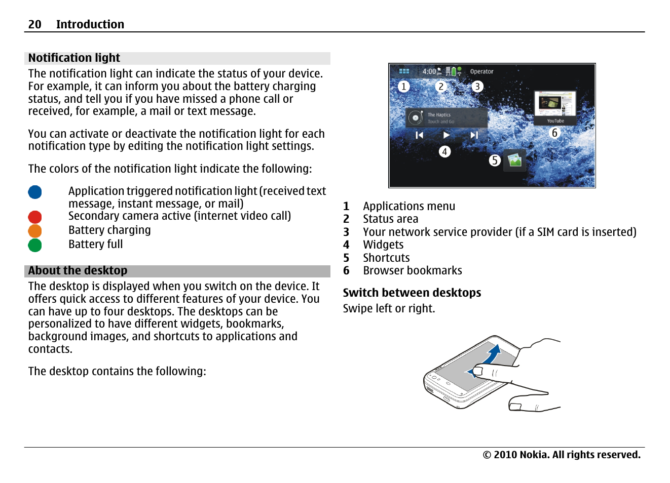 Notification light, About the desktop | Nokia N900 User Manual | Page 20 / 283