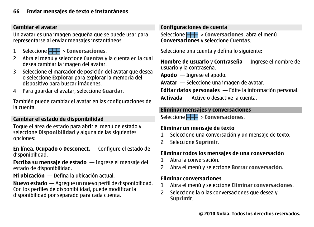 Cambiar el avatar, Cambiar el estado de disponibilidad, Configuraciones de cuenta | Eliminar mensajes y conversaciones | Nokia N900 User Manual | Page 202 / 283