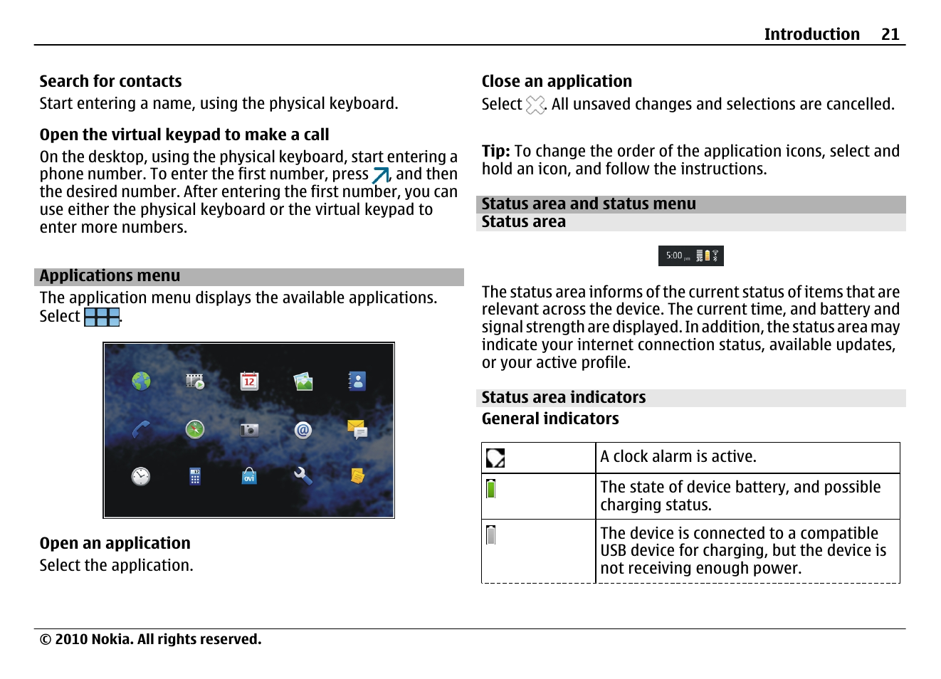 Applications menu, Status area and status menu, Status area | Status area indicators | Nokia N900 User Manual | Page 21 / 283