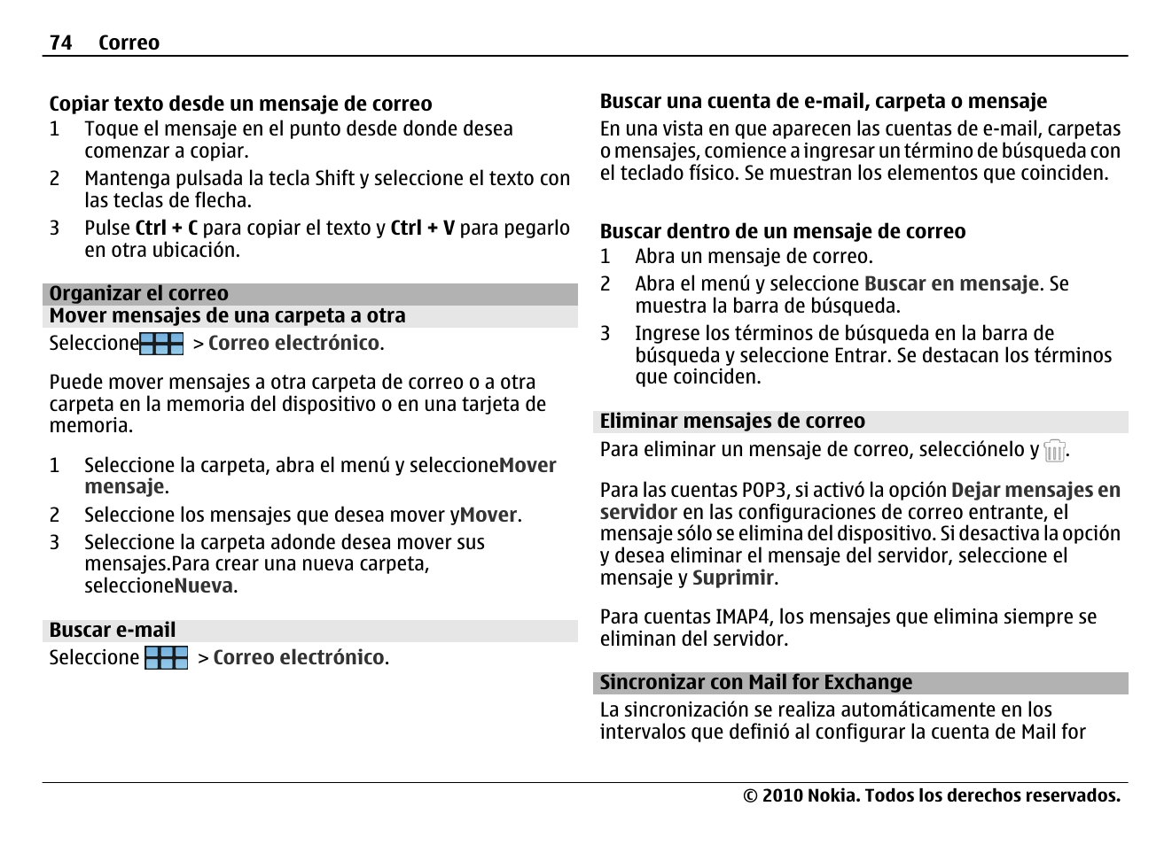 Organizar el correo, Mover mensajes de una carpeta a otra, Buscar e-mail | Eliminar mensajes de correo, Sincronizar con mail for exchange | Nokia N900 User Manual | Page 210 / 283