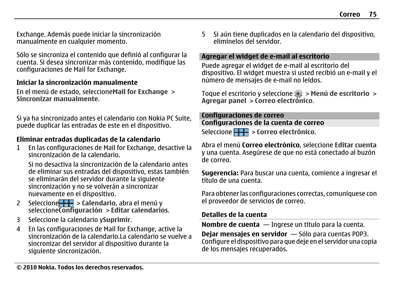 Agregar el widget de e-mail al escritorio, Configuraciones de correo, Configuraciones de la cuenta de correo | Nokia N900 User Manual | Page 211 / 283