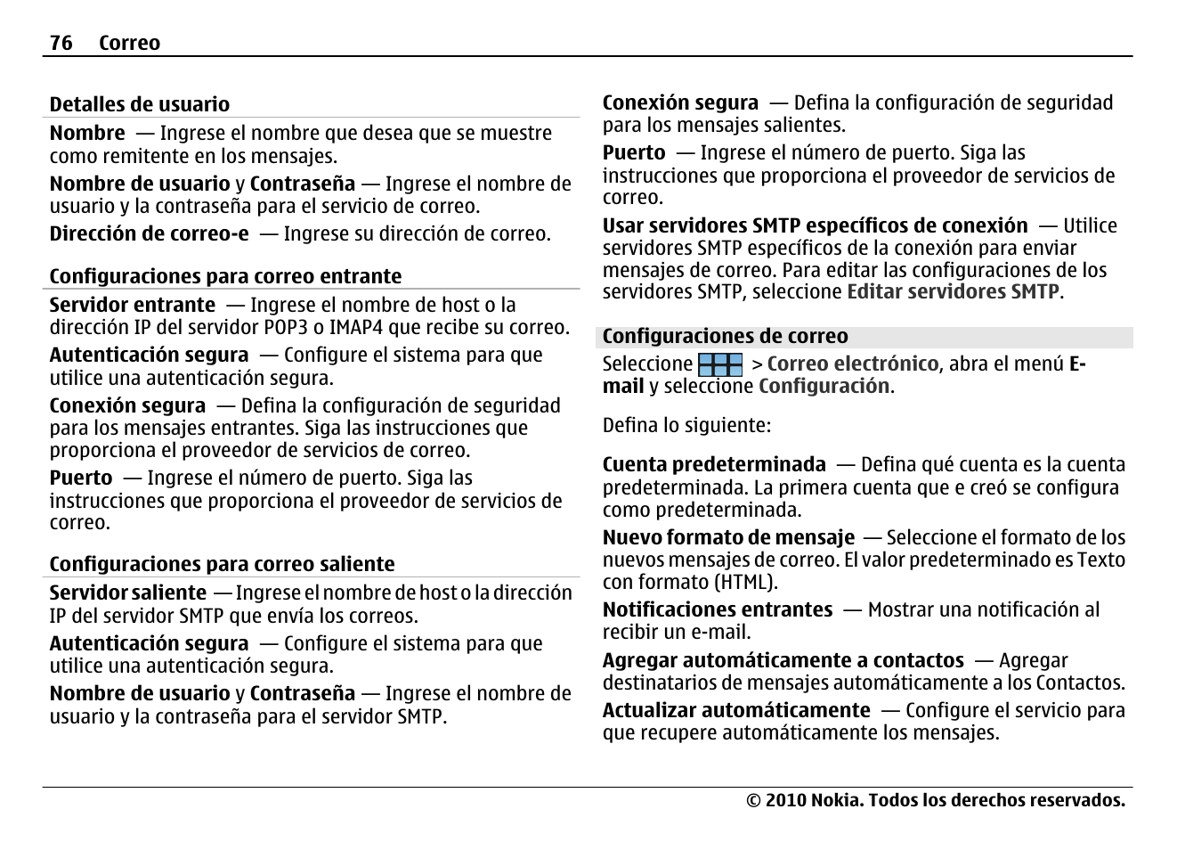 Configuraciones de correo | Nokia N900 User Manual | Page 212 / 283