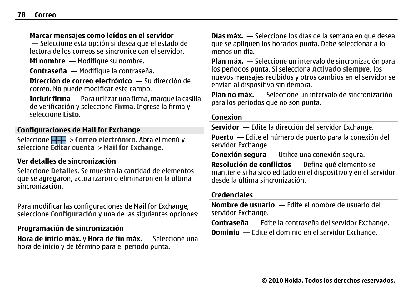 Configuraciones de mail for exchange | Nokia N900 User Manual | Page 214 / 283