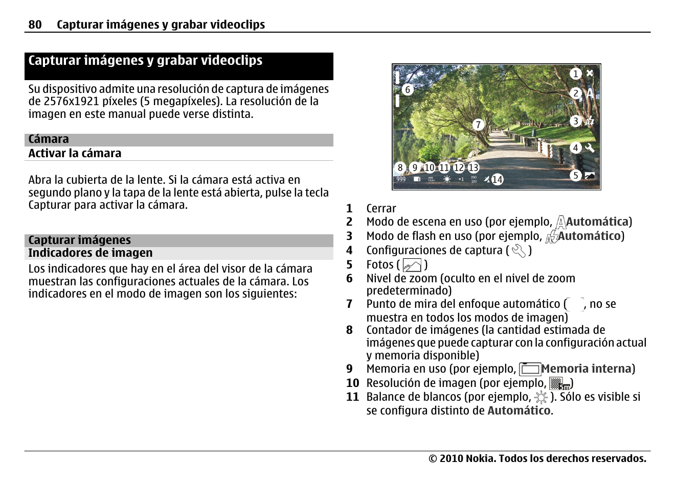 Capturar imágenes y grabar videoclips, Cámara, Capturar imágenes | Indicadores de imagen | Nokia N900 User Manual | Page 216 / 283