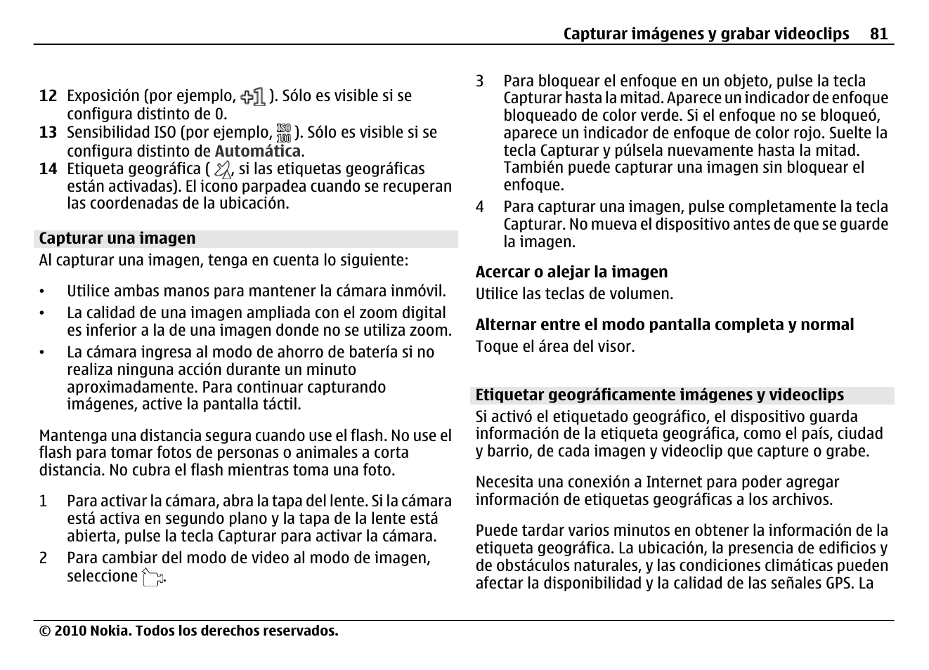 Capturar una imagen, Etiquetar geográficamente imágenes y videoclips | Nokia N900 User Manual | Page 217 / 283