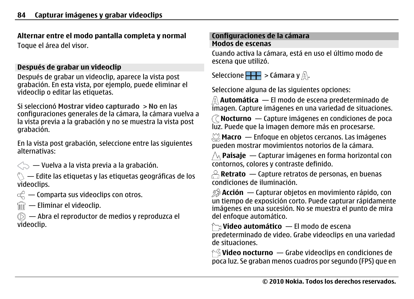 Después de grabar un videoclip, Configuraciones de la cámara, Modos de escenas | Nokia N900 User Manual | Page 220 / 283