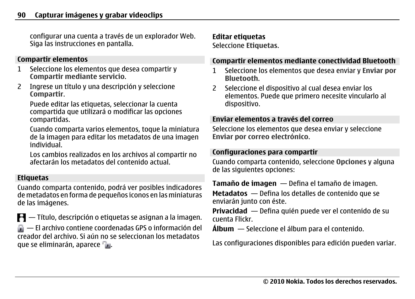 Compartir elementos, Etiquetas, Enviar elementos a través del correo | Configuraciones para compartir | Nokia N900 User Manual | Page 226 / 283