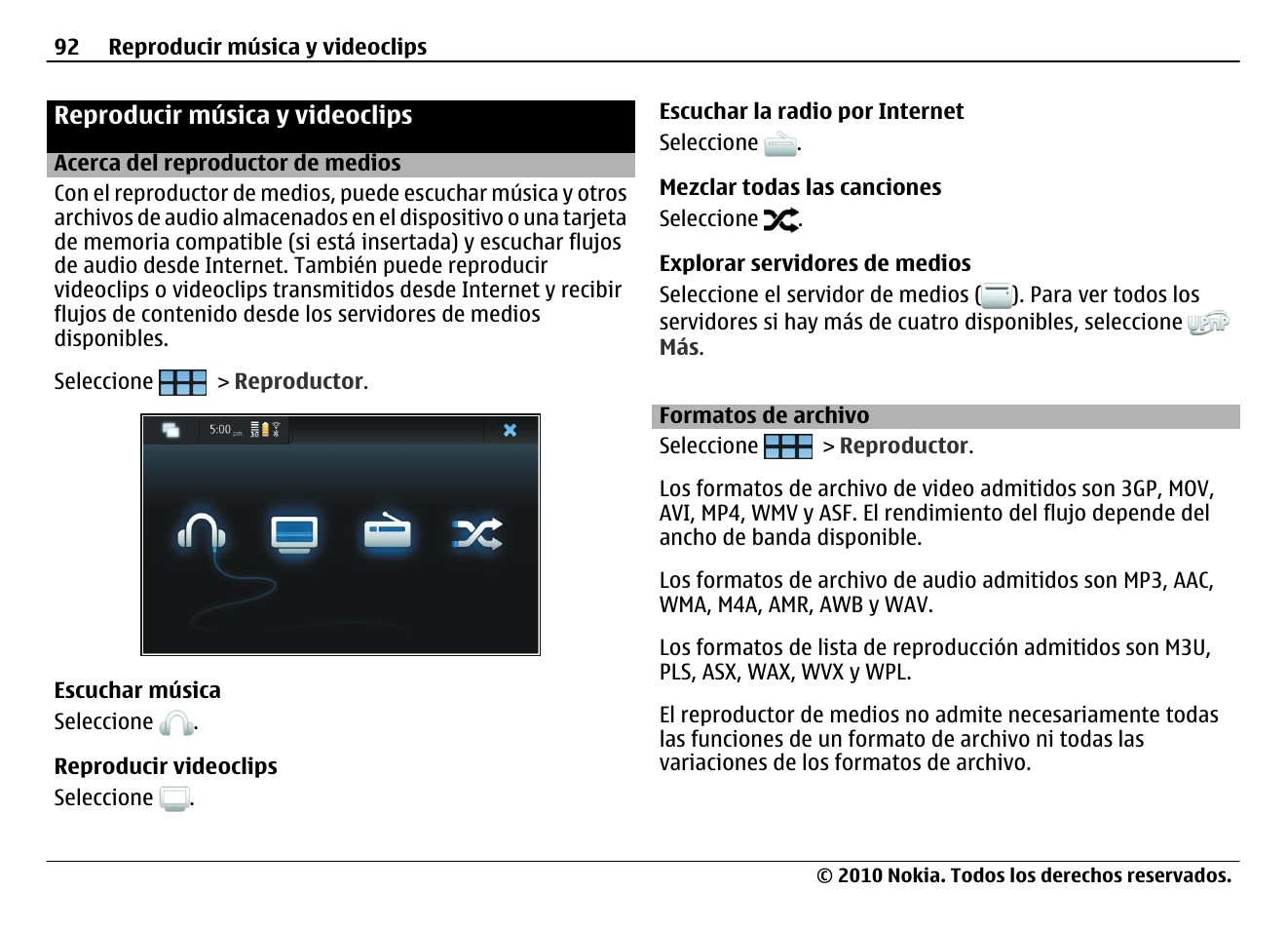 Reproducir música y videoclips, Acerca del reproductor de medios, Formatos de archivo | Nokia N900 User Manual | Page 228 / 283