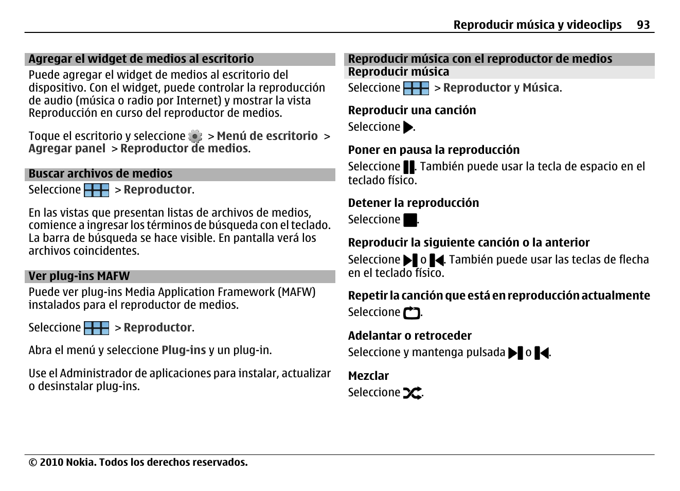 Agregar el widget de medios al escritorio, Buscar archivos de medios, Ver plug-ins mafw | Reproducir música con el reproductor de medios, Reproducir música | Nokia N900 User Manual | Page 229 / 283