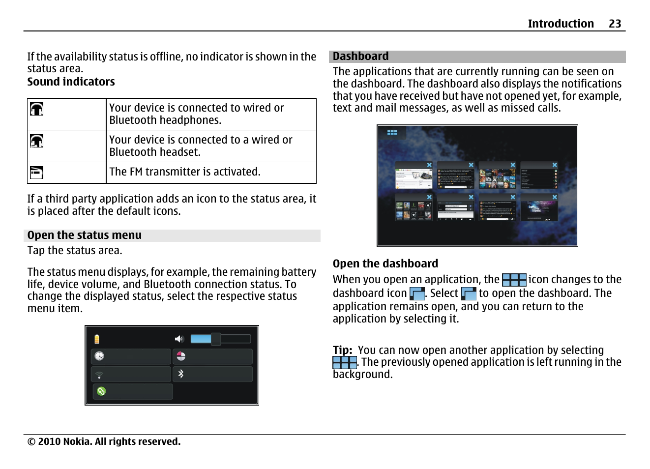 Open the status menu, Dashboard | Nokia N900 User Manual | Page 23 / 283