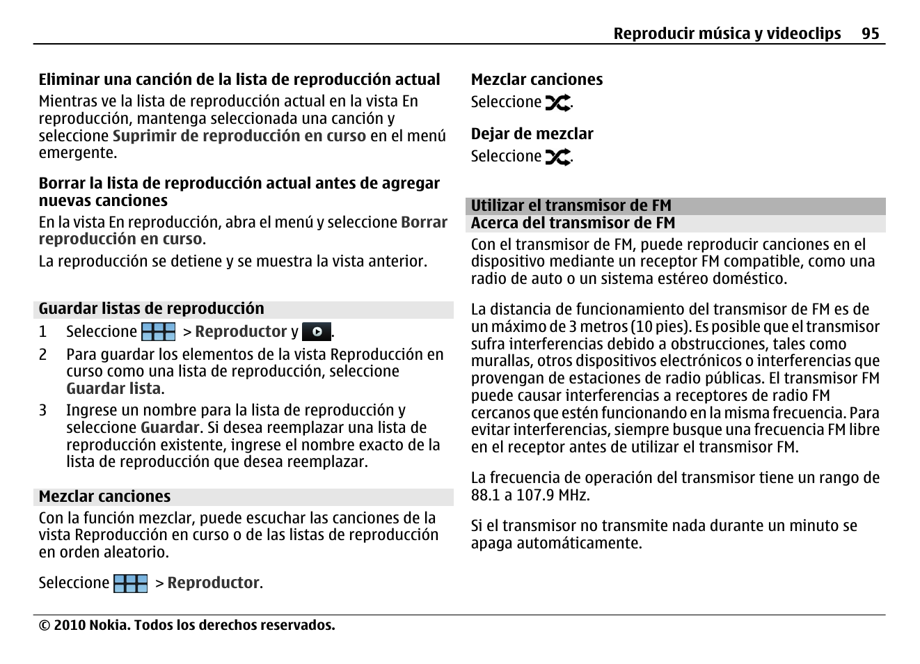 Guardar listas de reproducción, Mezclar canciones, Utilizar el transmisor de fm | Acerca del transmisor de fm | Nokia N900 User Manual | Page 231 / 283