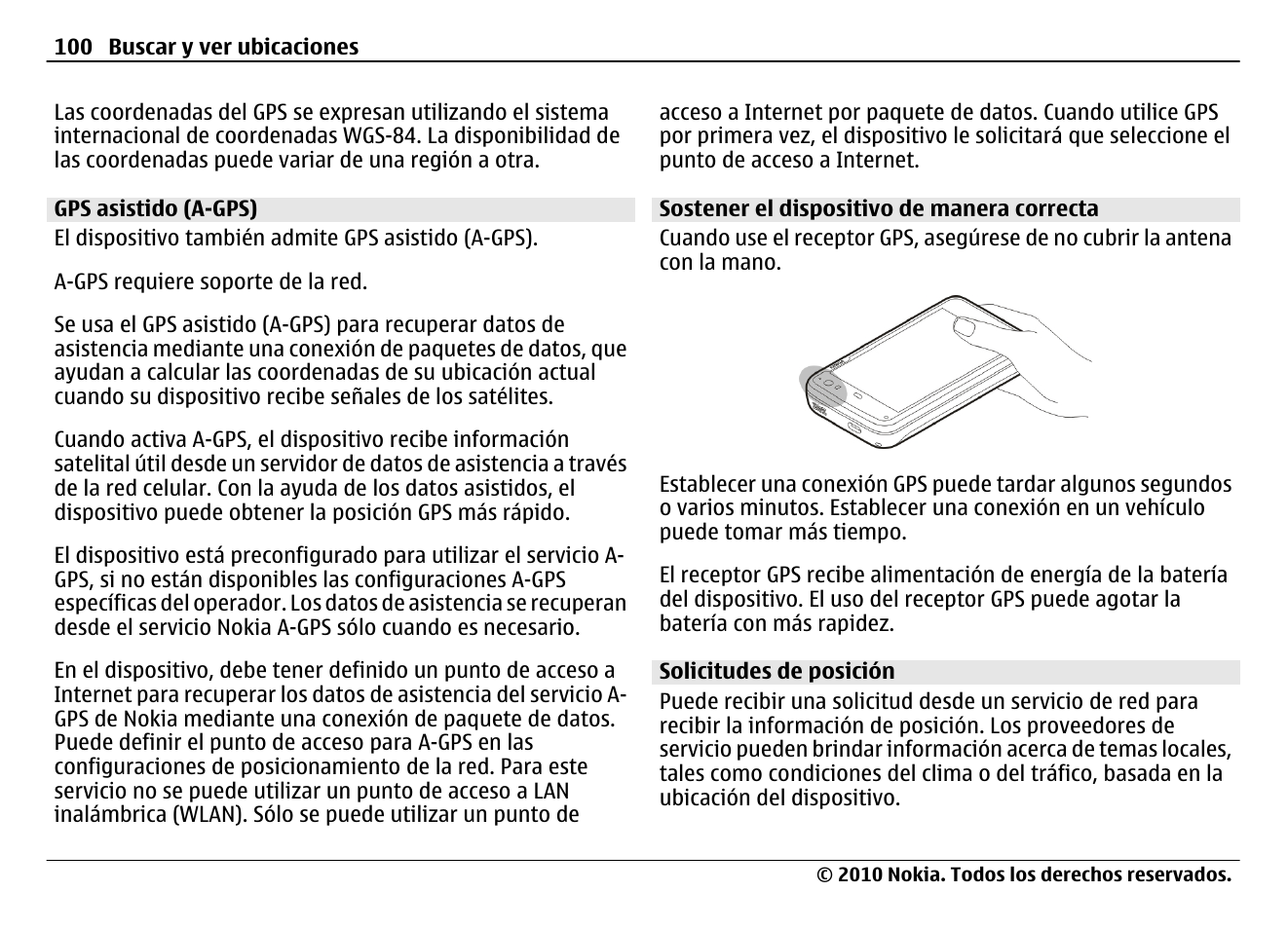 Gps asistido (a-gps), Sostener el dispositivo de manera correcta, Solicitudes de posición | Nokia N900 User Manual | Page 236 / 283