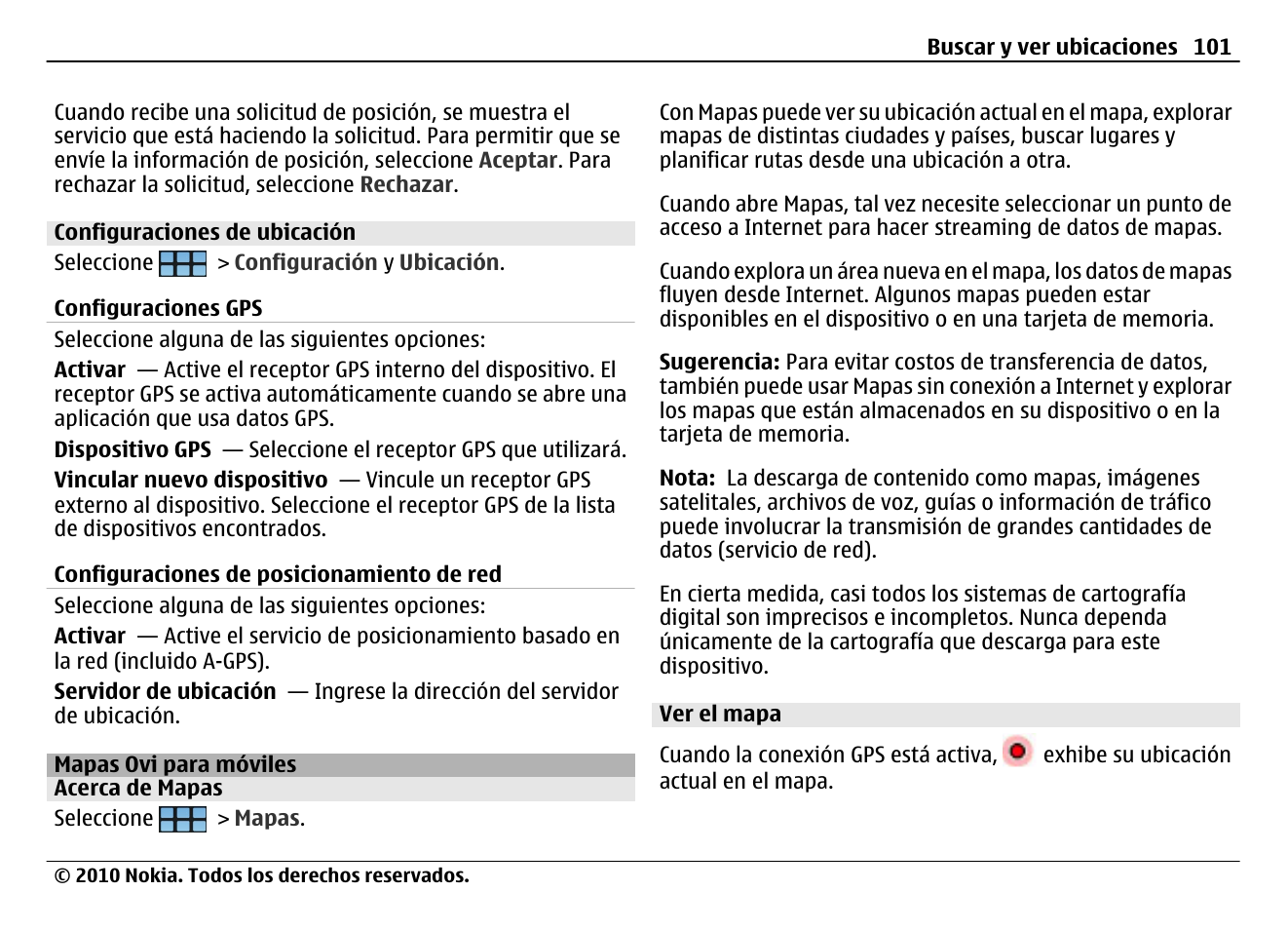 Configuraciones de ubicación, Mapas ovi para móviles, Acerca de mapas | Ver el mapa | Nokia N900 User Manual | Page 237 / 283