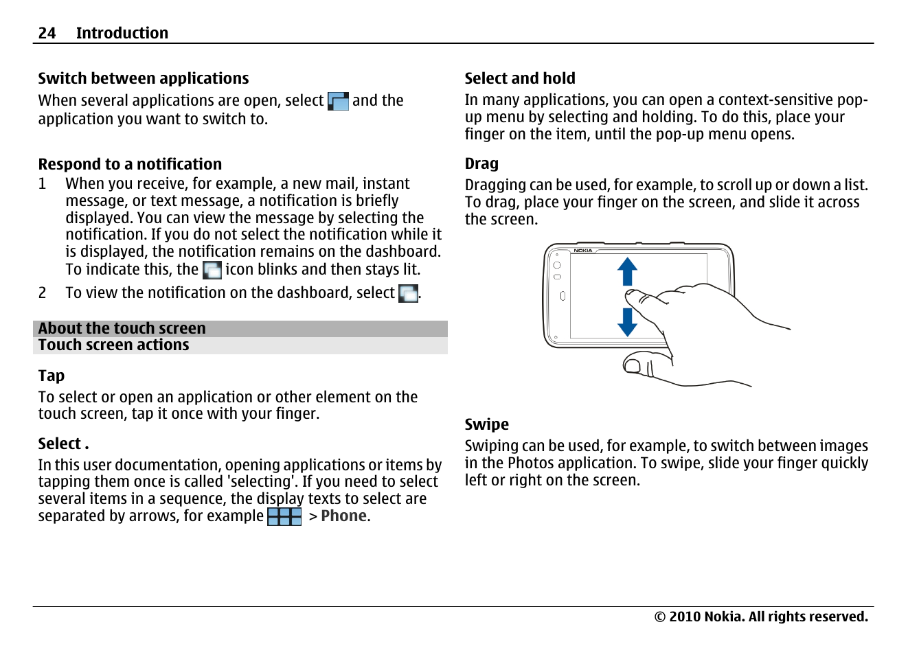 About the touch screen, Touch screen actions | Nokia N900 User Manual | Page 24 / 283