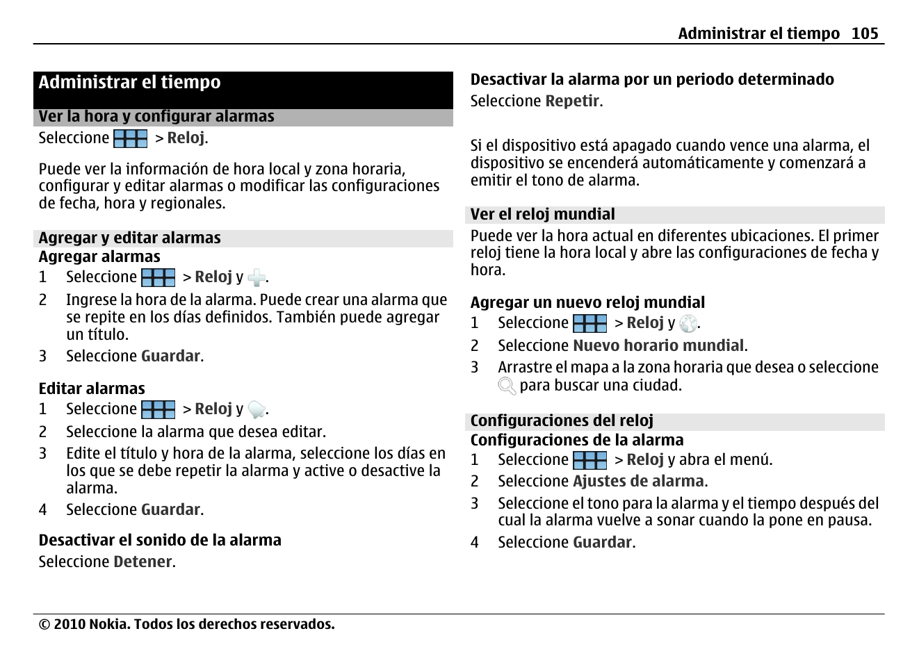 Administrar el tiempo, Ver la hora y configurar alarmas, Agregar y editar alarmas | Ver el reloj mundial, Configuraciones del reloj | Nokia N900 User Manual | Page 241 / 283