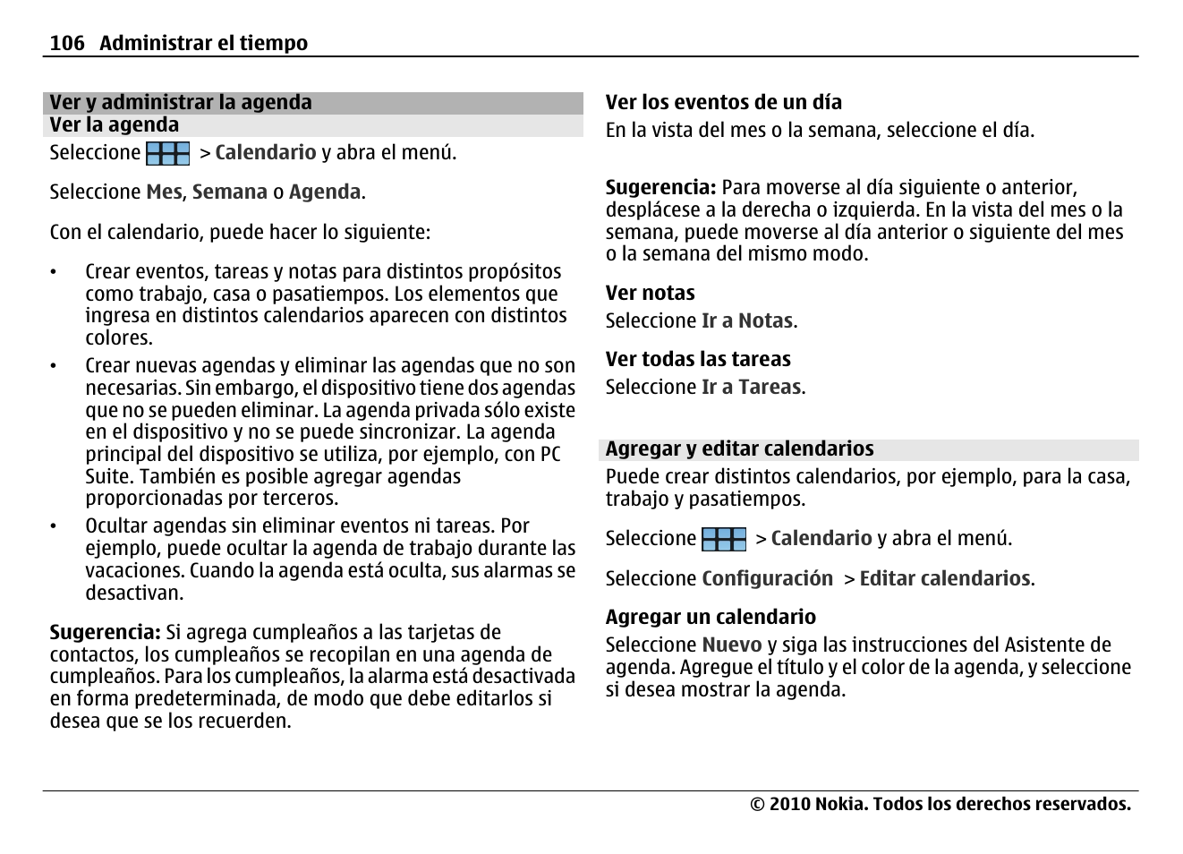 Ver y administrar la agenda, Ver la agenda, Agregar y editar calendarios | Nokia N900 User Manual | Page 242 / 283