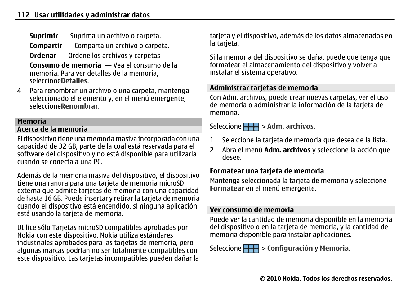 Memoria, Acerca de la memoria, Administrar tarjetas de memoria | Ver consumo de memoria | Nokia N900 User Manual | Page 248 / 283