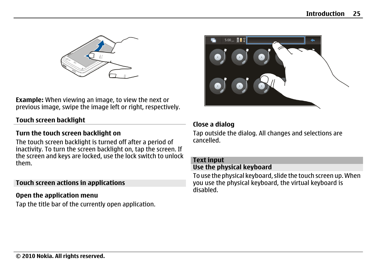 Touch screen actions in applications, Text input, Use the physical keyboard | Nokia N900 User Manual | Page 25 / 283