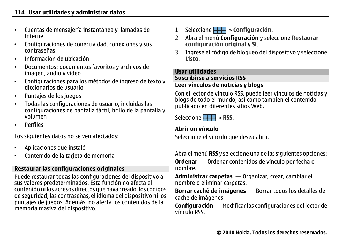 Restaurar las configuraciones originales, Usar utilidades, Suscribirse a servicios rss | Leer vínculos de noticias y blogs | Nokia N900 User Manual | Page 250 / 283