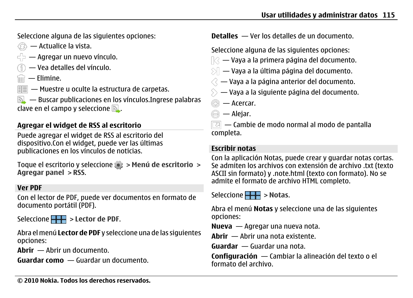 Agregar el widget de rss al escritorio, Ver pdf, Escribir notas | Nokia N900 User Manual | Page 251 / 283