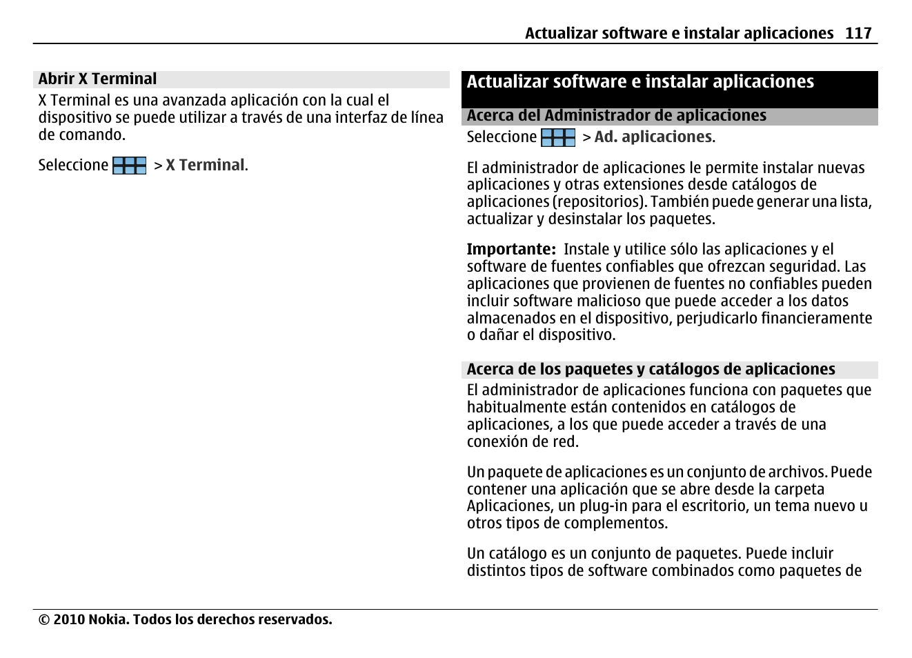 Abrir x terminal, Actualizar software e instalar aplicaciones, Acerca del administrador de aplicaciones | Acerca de los paquetes y catálogos de aplicaciones | Nokia N900 User Manual | Page 253 / 283