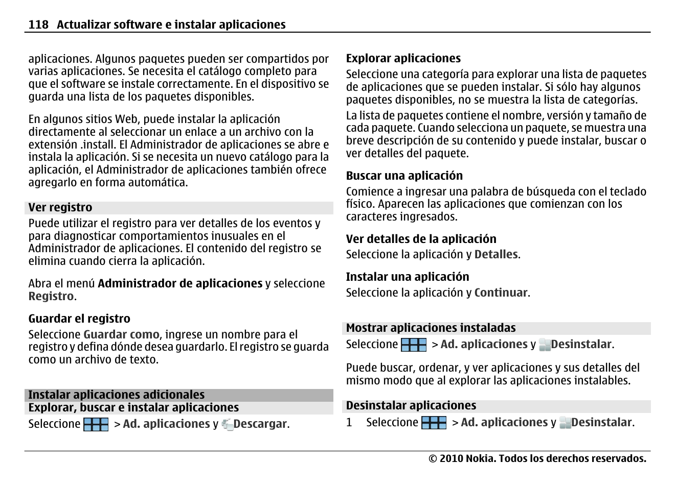 Ver registro, Instalar aplicaciones adicionales, Explorar, buscar e instalar aplicaciones | Mostrar aplicaciones instaladas, Desinstalar aplicaciones | Nokia N900 User Manual | Page 254 / 283