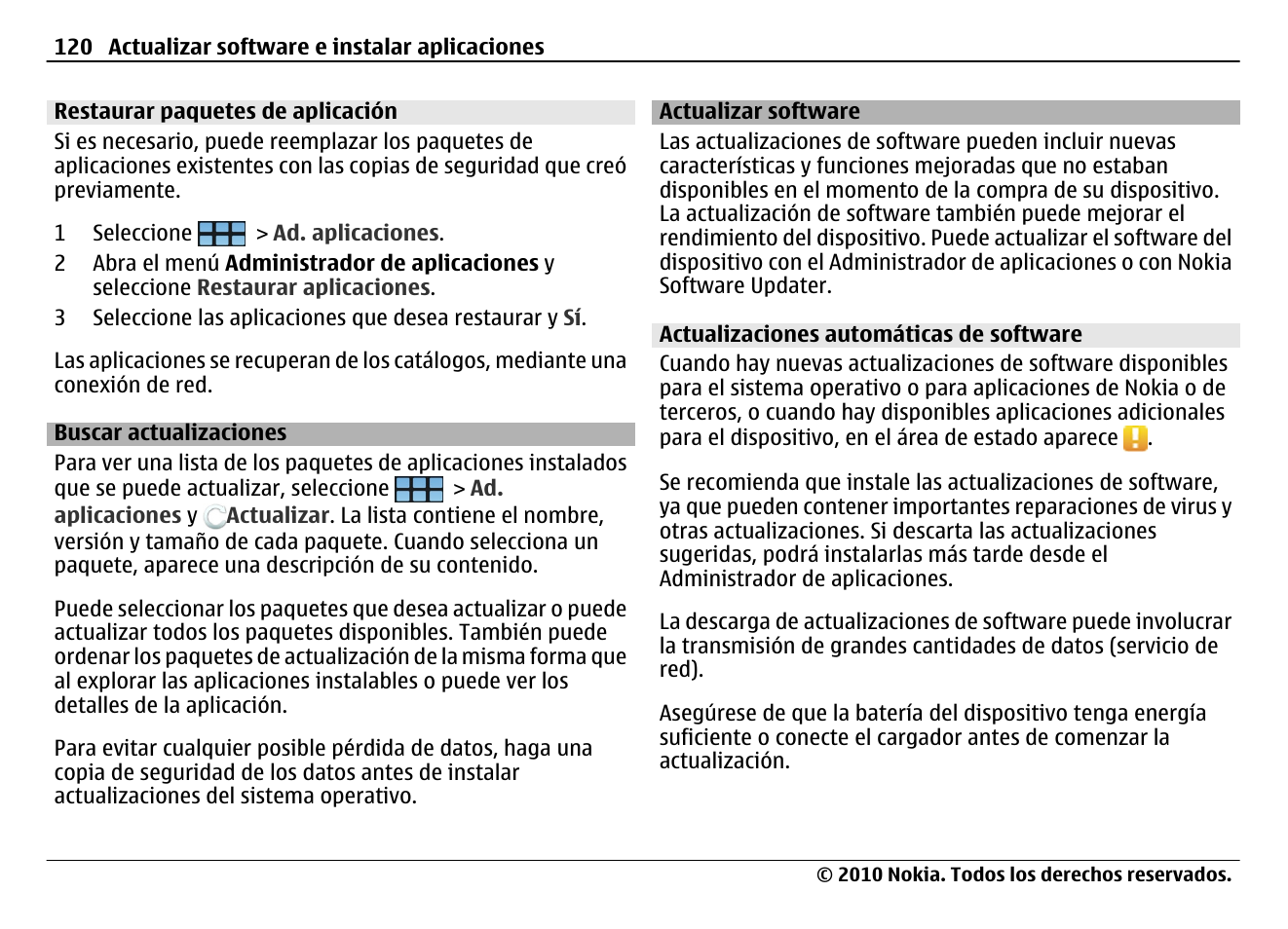 Restaurar paquetes de aplicación, Buscar actualizaciones, Actualizar software | Actualizaciones automáticas de software | Nokia N900 User Manual | Page 256 / 283