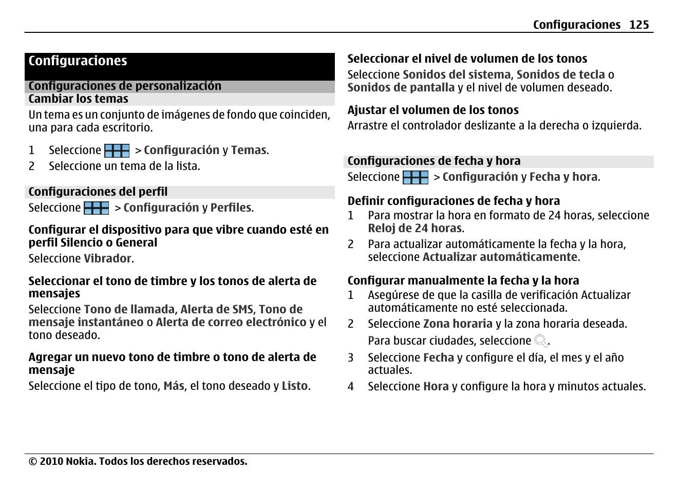 Configuraciones, Configuraciones de personalización, Cambiar los temas | Configuraciones del perfil, Configuraciones de fecha y hora | Nokia N900 User Manual | Page 261 / 283