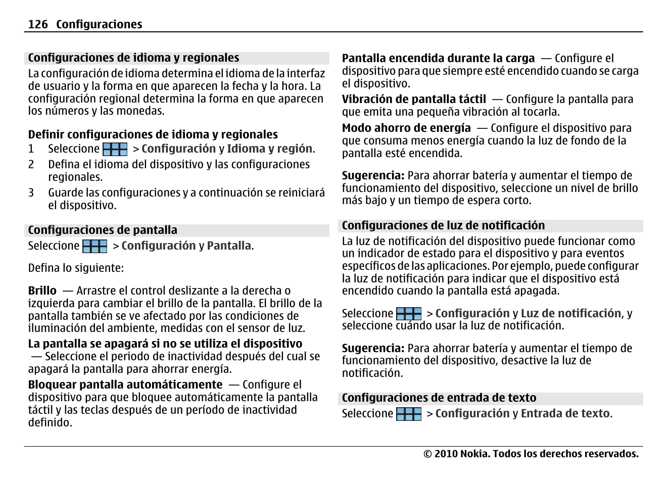 Configuraciones de idioma y regionales, Configuraciones de pantalla, Configuraciones de luz de notificación | Configuraciones de entrada de texto | Nokia N900 User Manual | Page 262 / 283